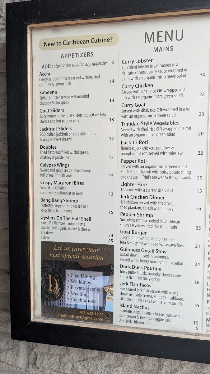 Menu, D's Modern Caribbean Cuisine