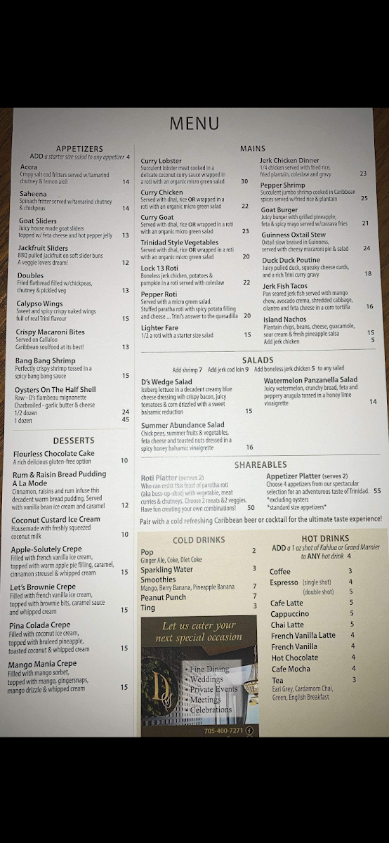 Menu, D's Modern Caribbean Cuisine