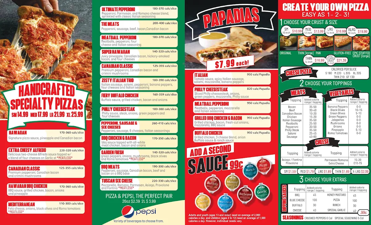 Menu, Papa Johns Pizza