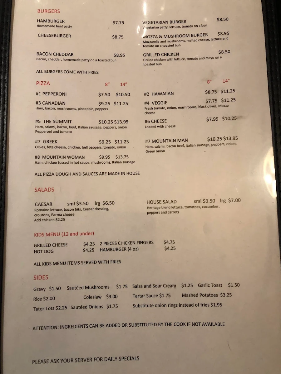 Menu, Summit Pub