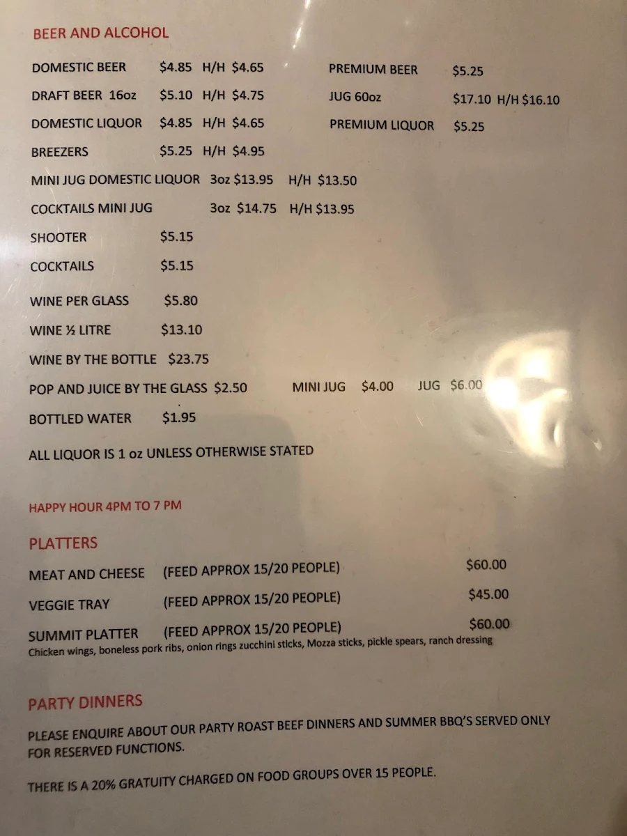 Menu, Summit Pub