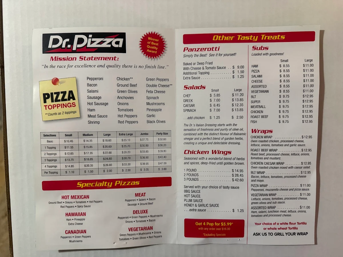 Menu, Dr Pizza