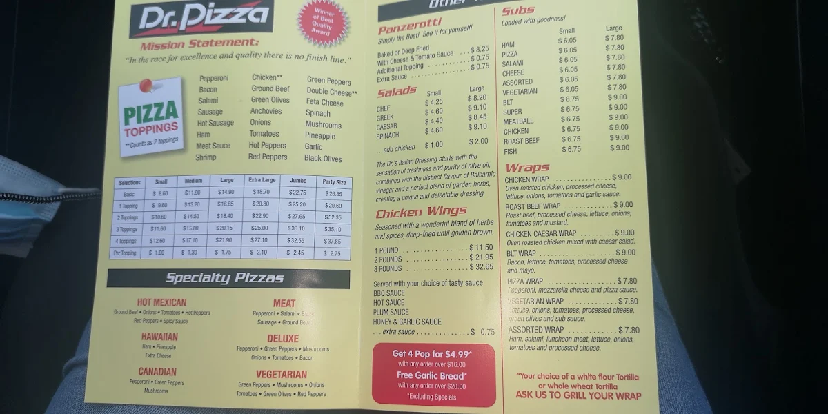 Menu, Dr Pizza