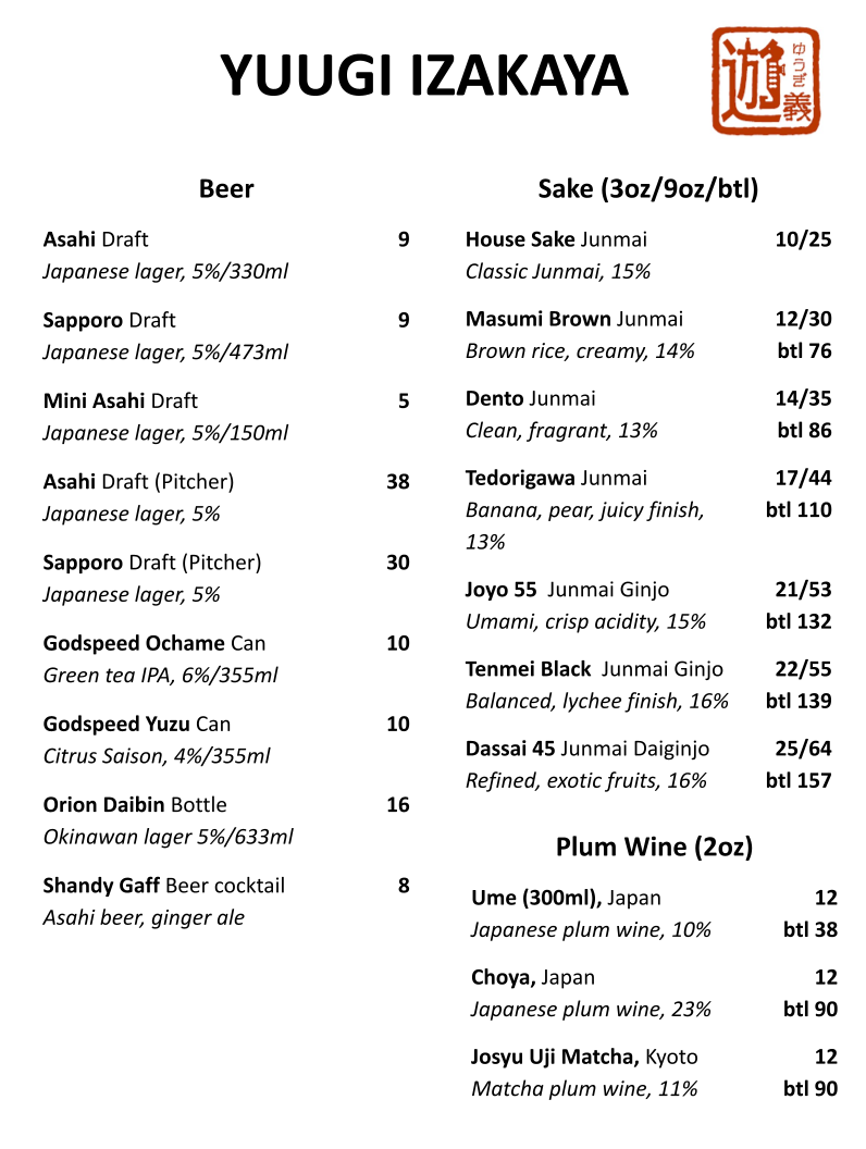 Menu, Yuugi Izakaya