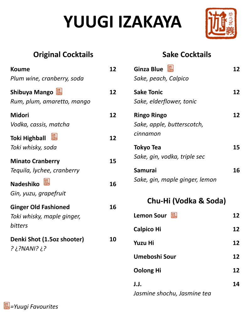 Menu, Yuugi Izakaya