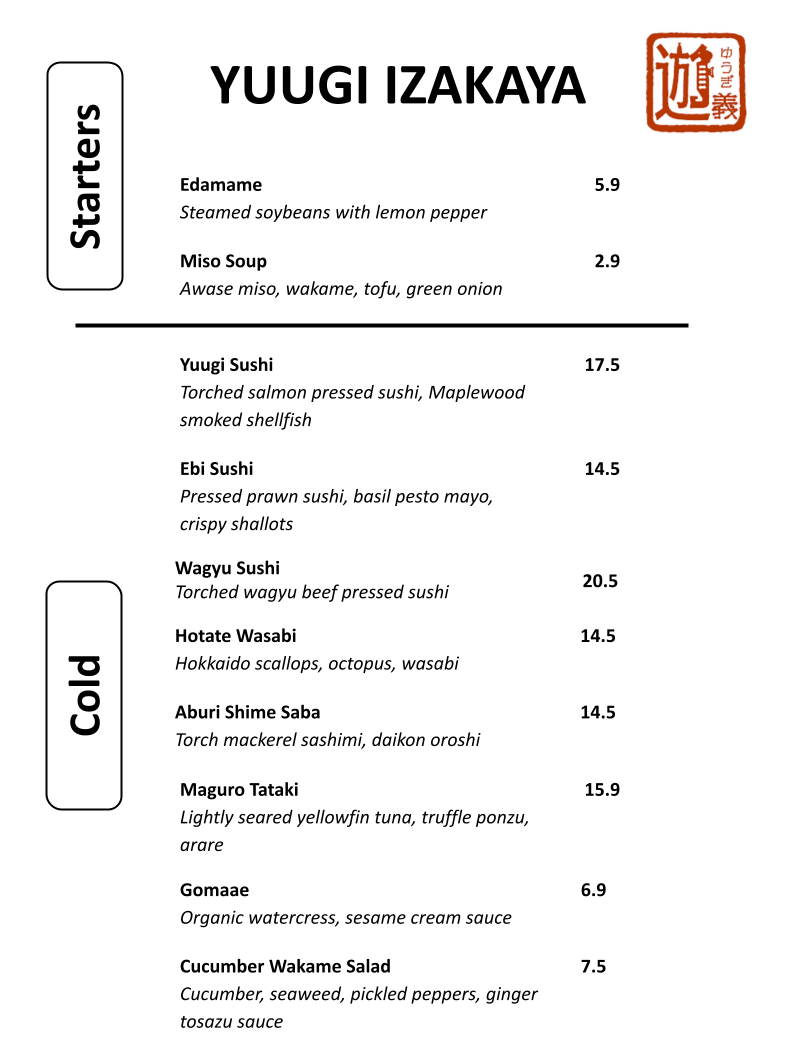 Menu, Yuugi Izakaya