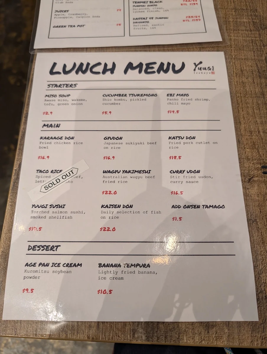 Menu, Yuugi Izakaya
