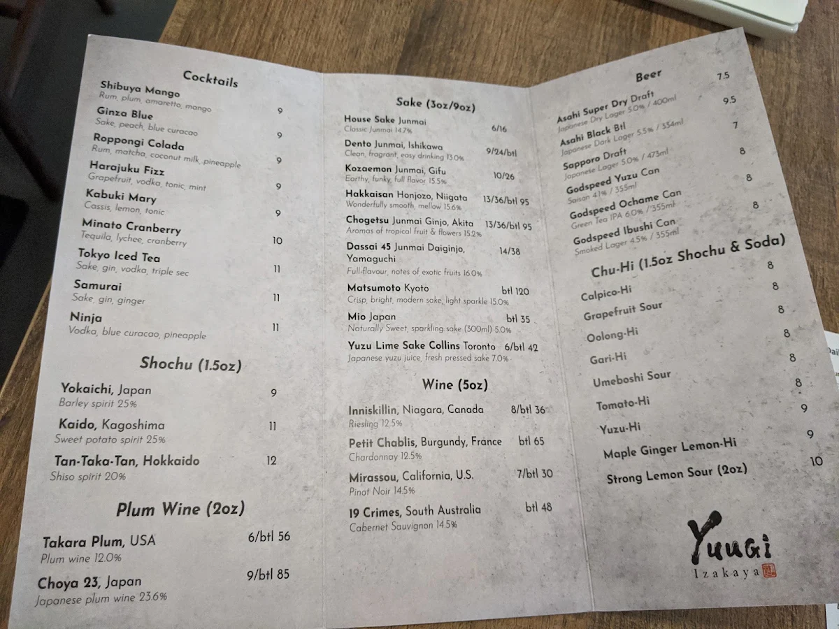 Menu, Yuugi Izakaya