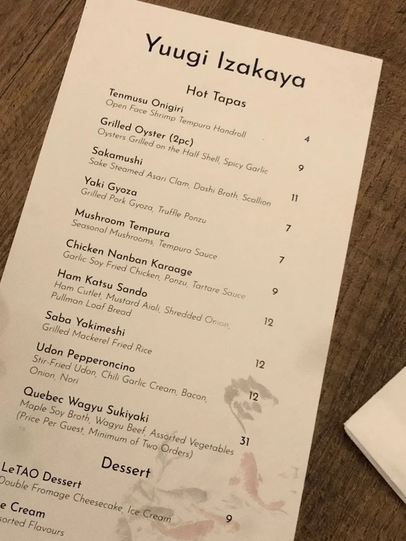 Menu, Yuugi Izakaya