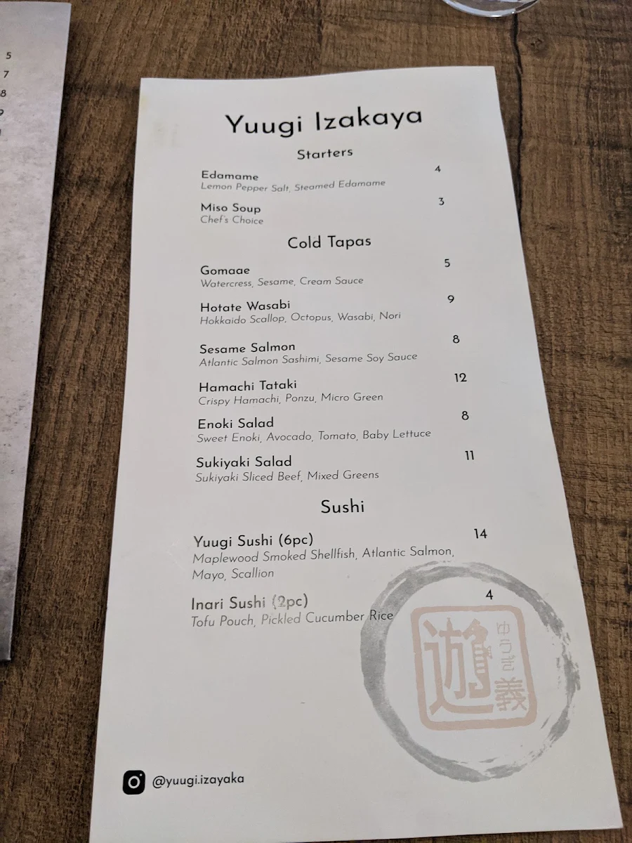 Menu, Yuugi Izakaya