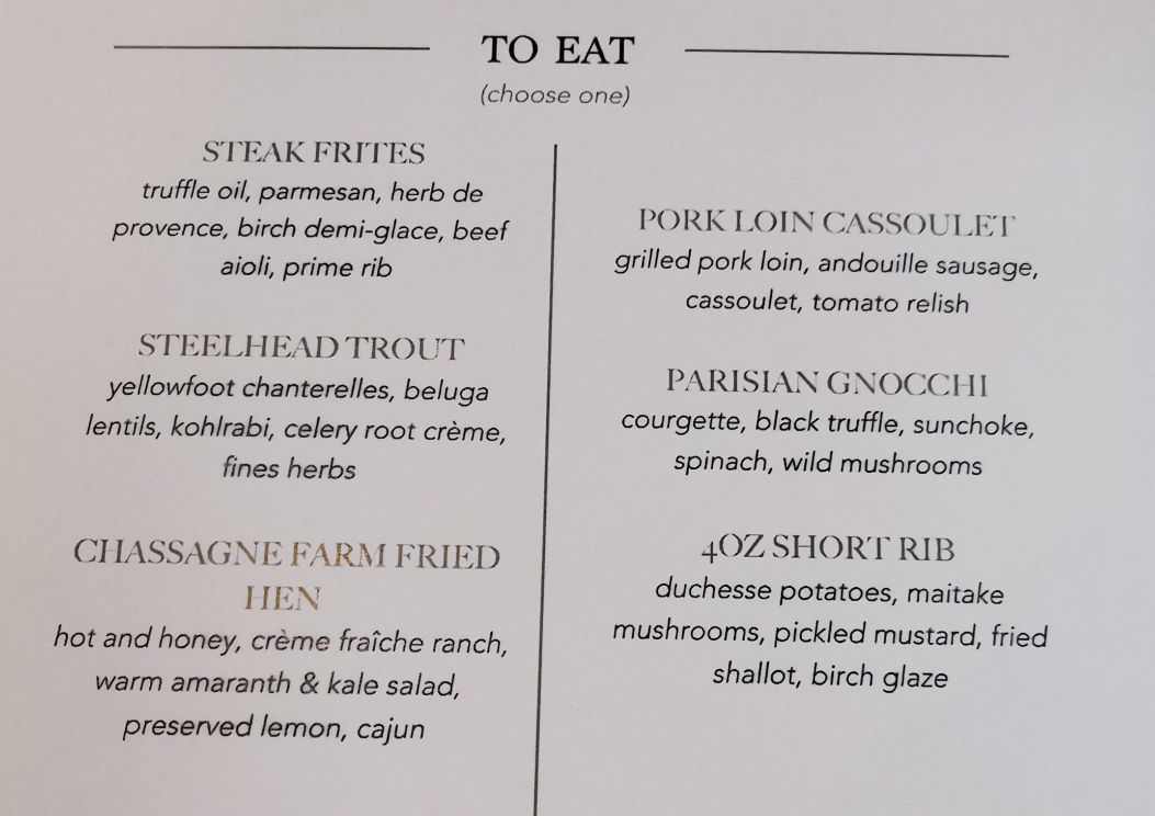 Menu, Ancaster Mill