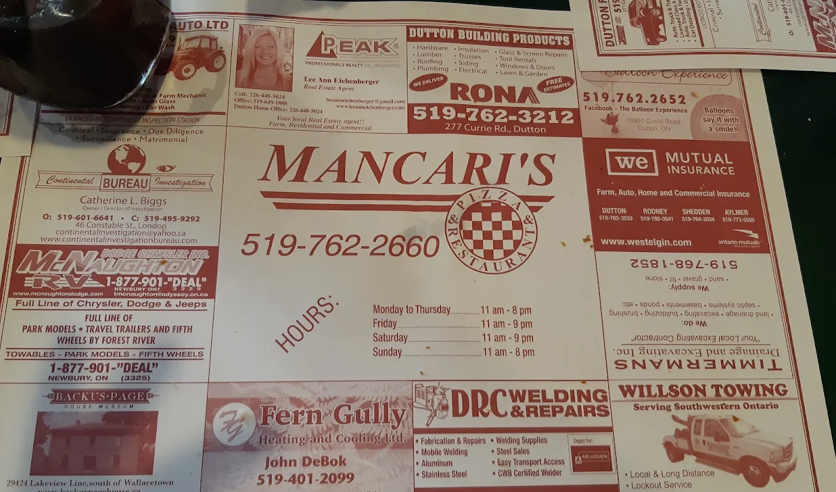 Menu, Mancari's Pizza & Restaurant