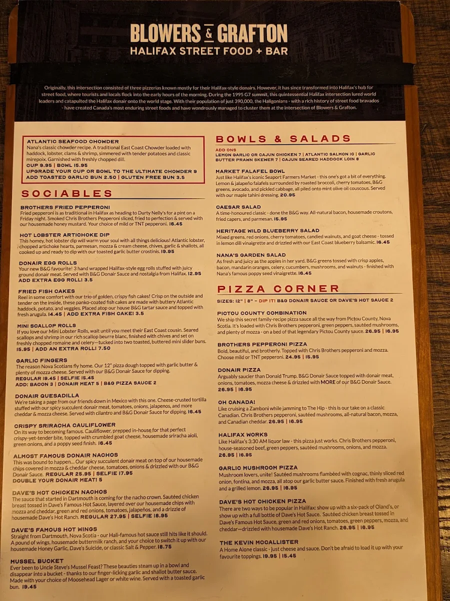 Menu, Blowers & Grafton
