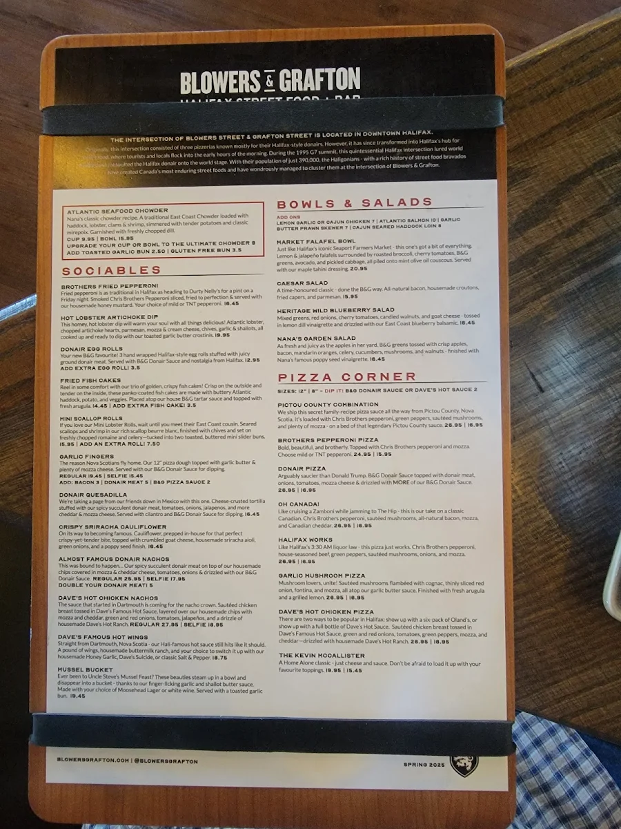 Menu, Blowers & Grafton