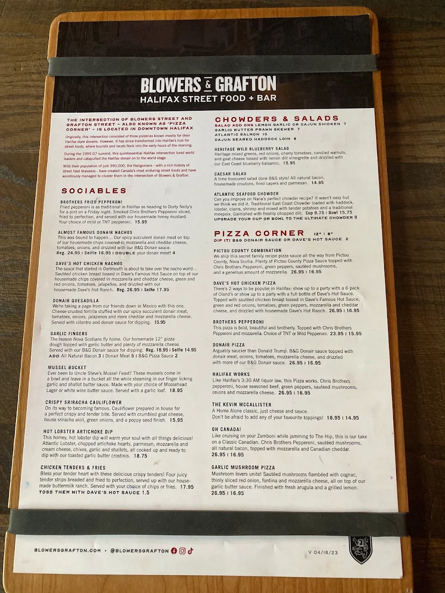 Menu, Blowers & Grafton