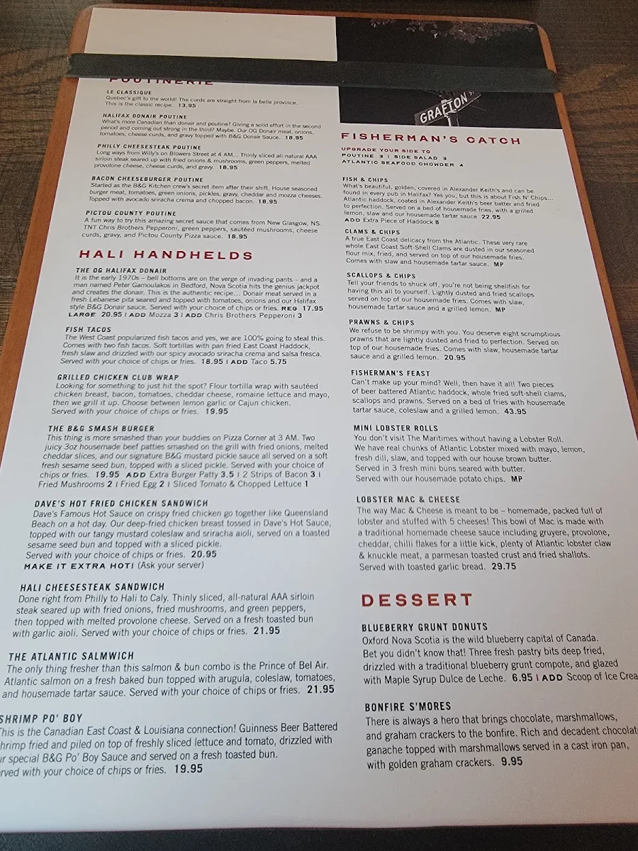 Menu, Blowers & Grafton