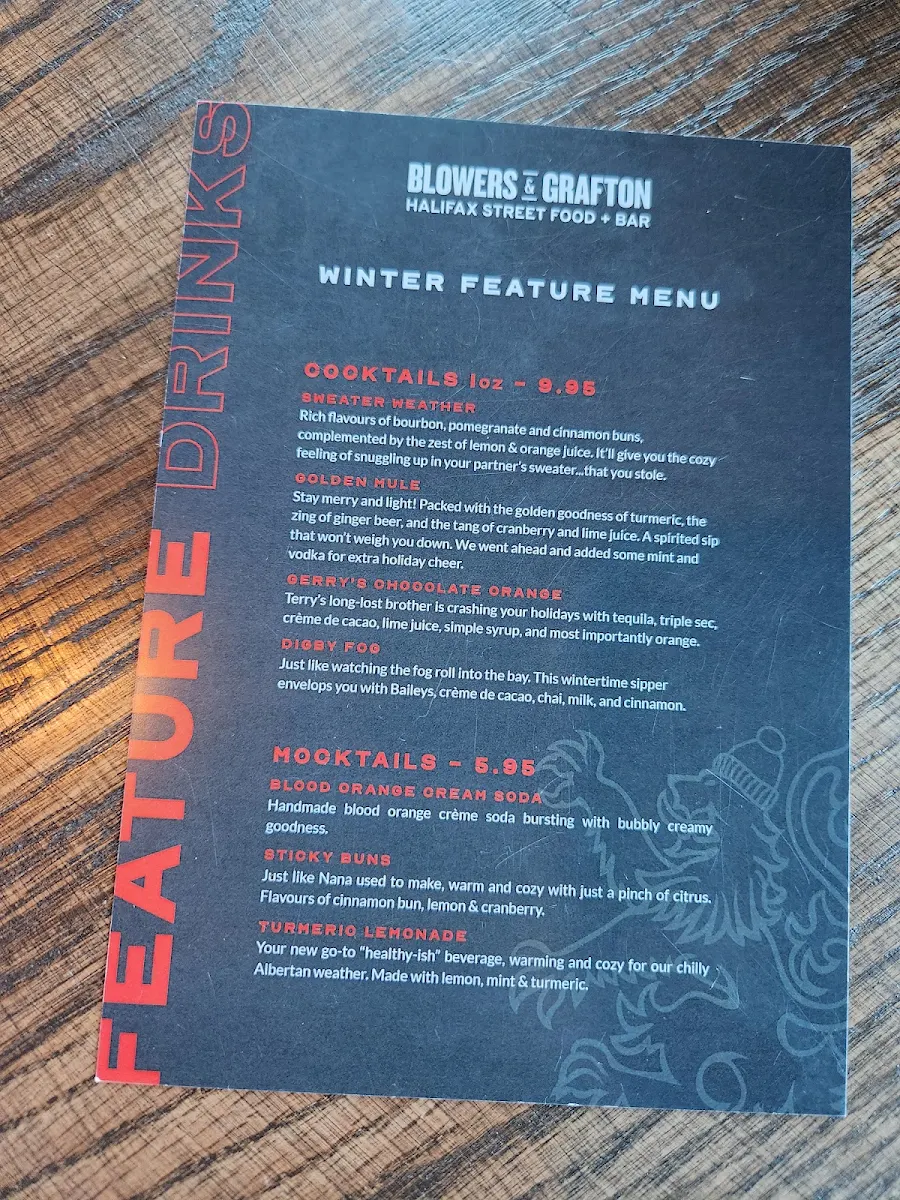 Menu, Blowers & Grafton