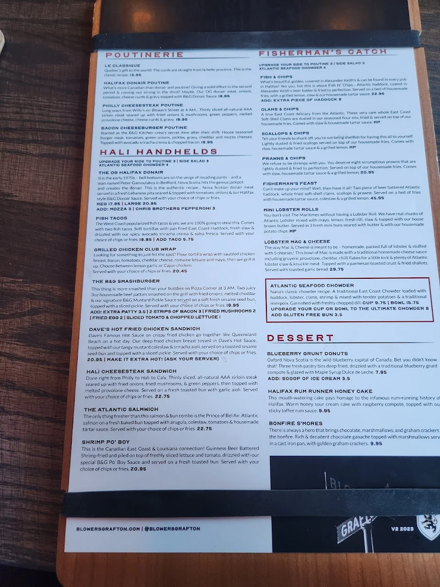 Menu, Blowers & Grafton