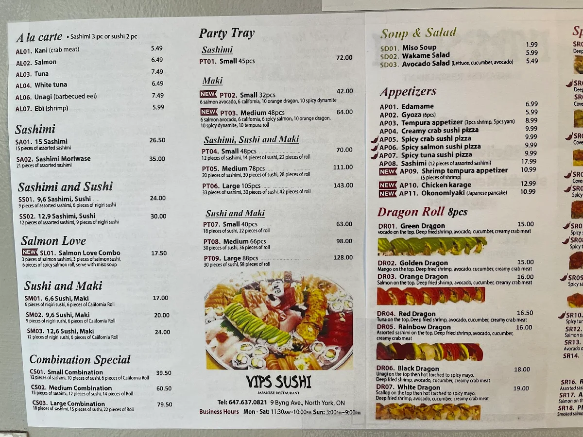 Menu, VIPS Sushi