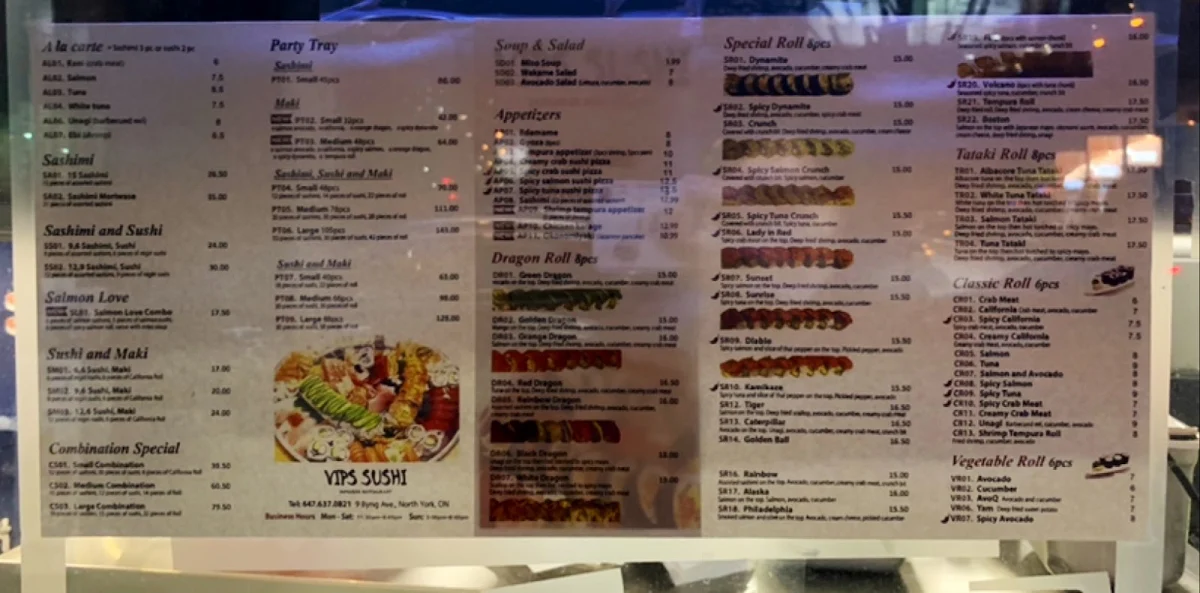 Menu, VIPS Sushi