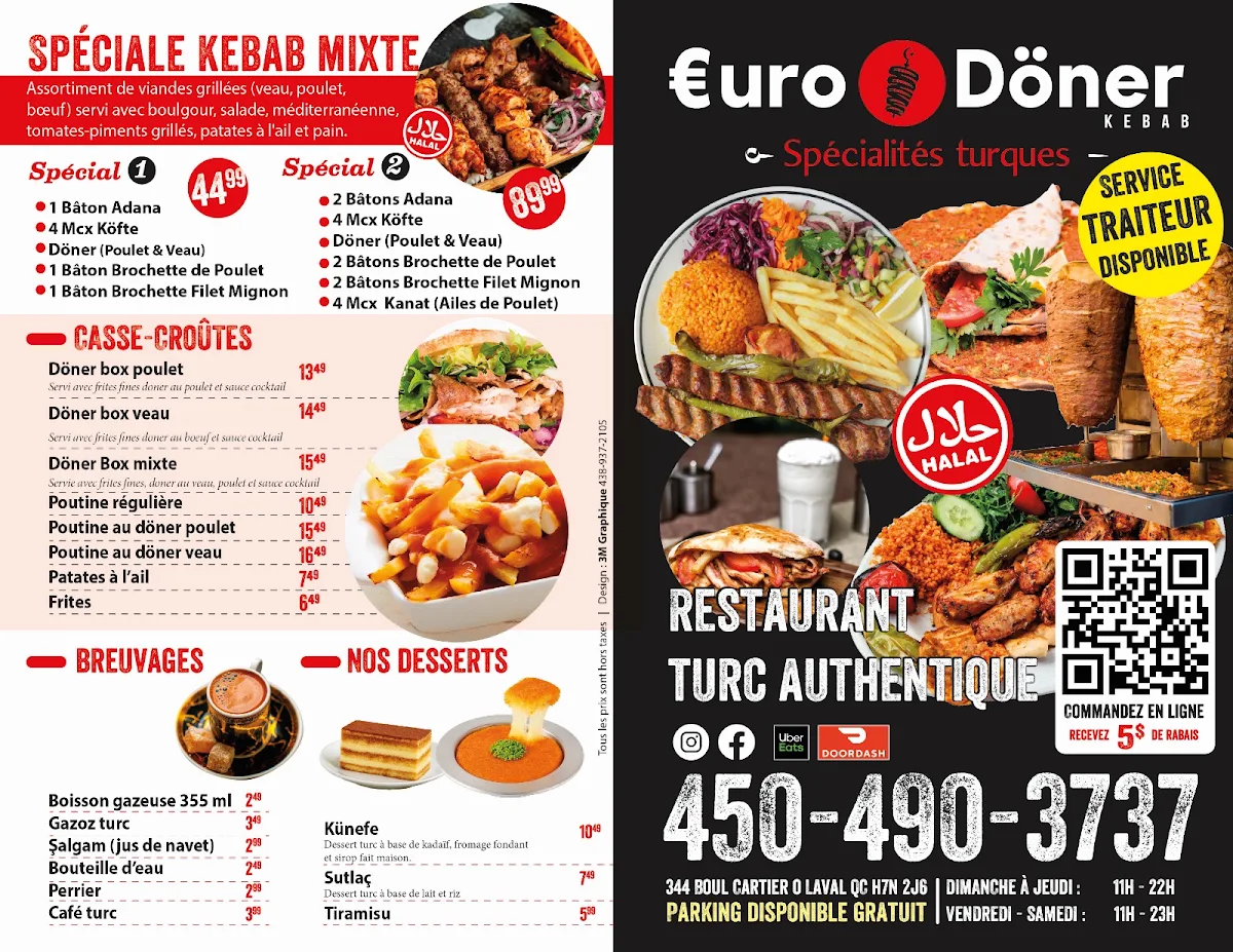 Menu, Euro Doner Kebab - spécialités turques