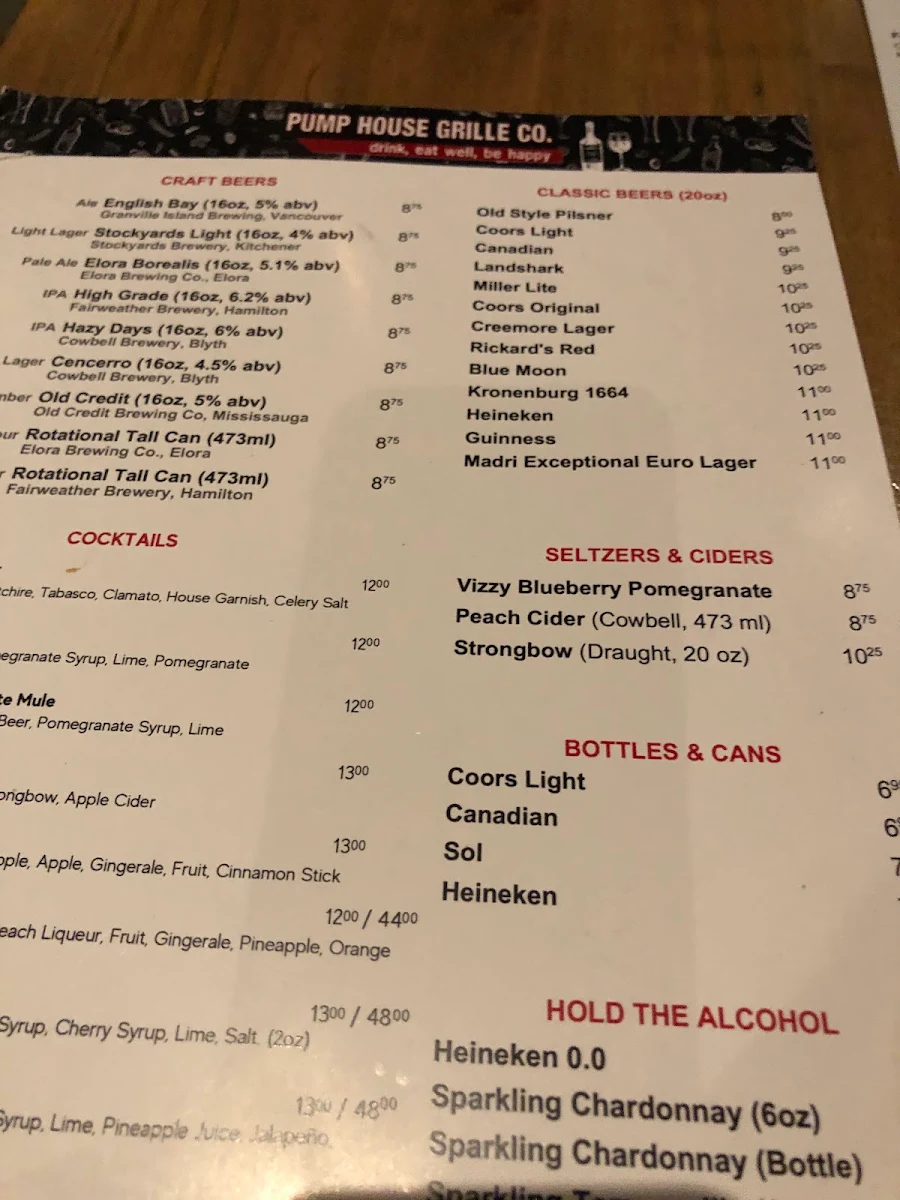 Menu, Pump House Grille Co