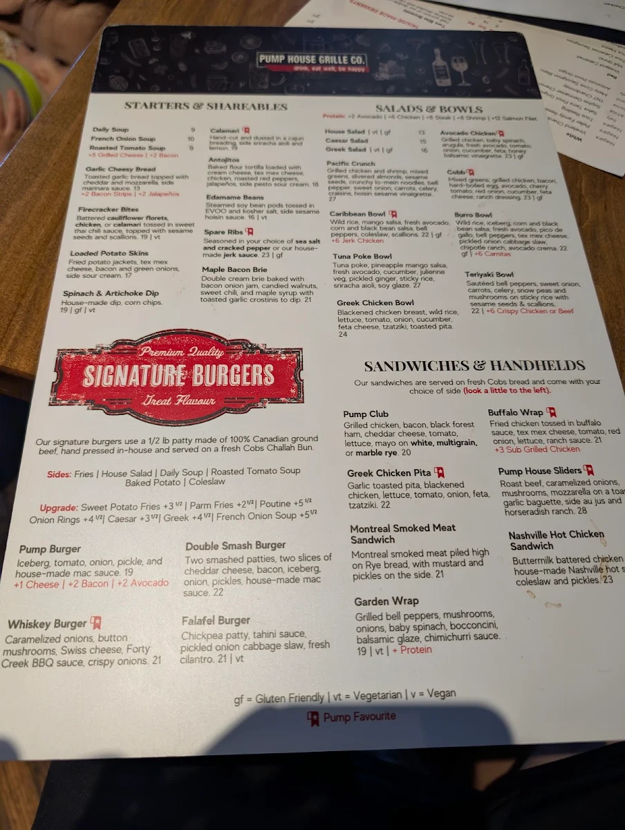 Menu, Pump House Grille Co