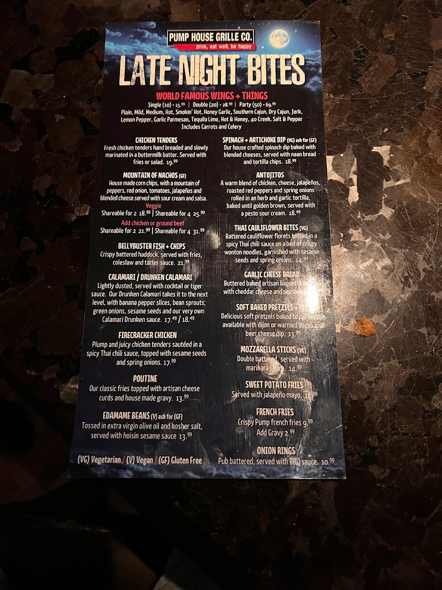 Menu, Pump House Grille Co