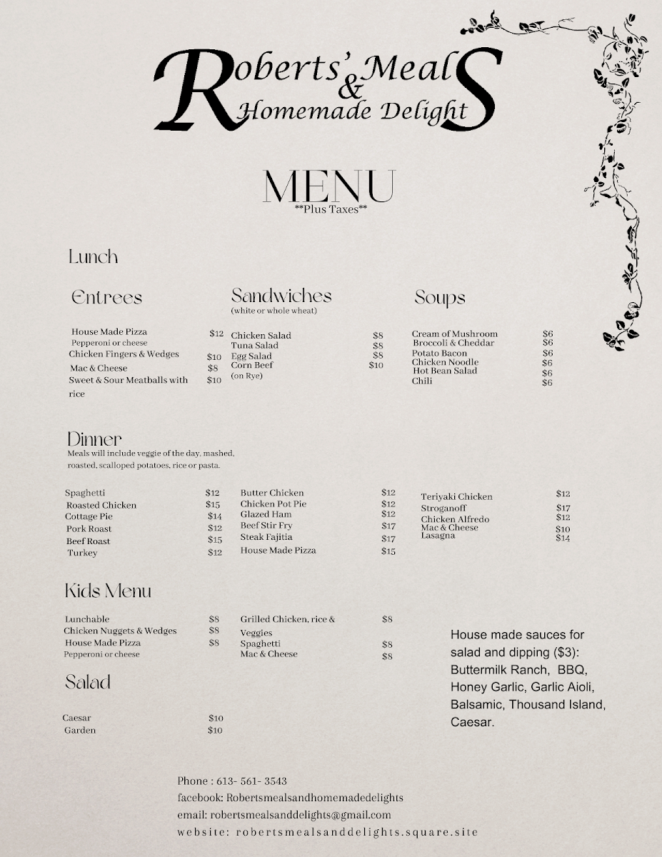 Menu, Roberts' Meals & Homemade Delights