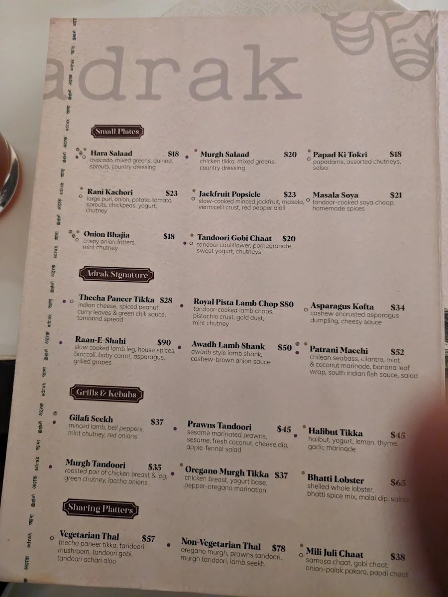 Menu, Adrak Yorkville