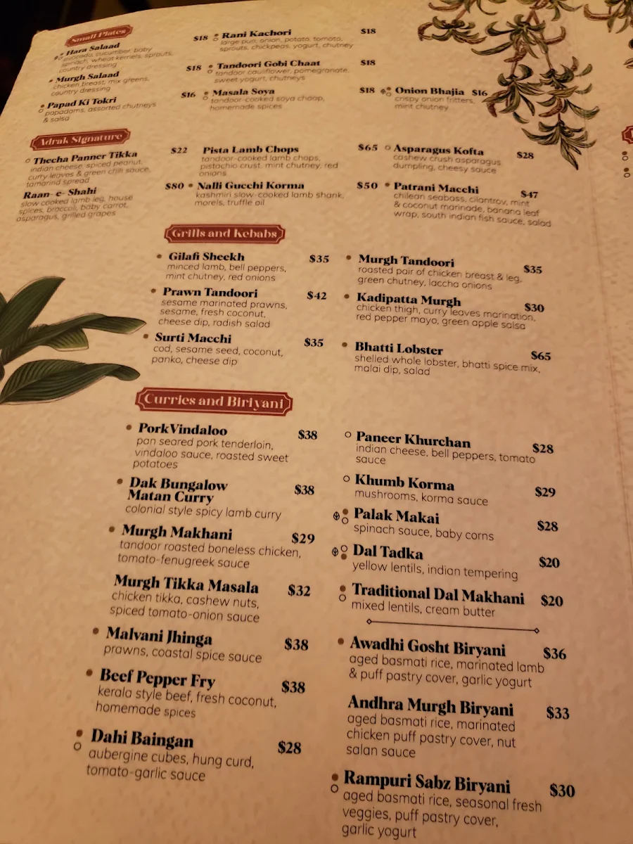 Menu, Adrak Yorkville