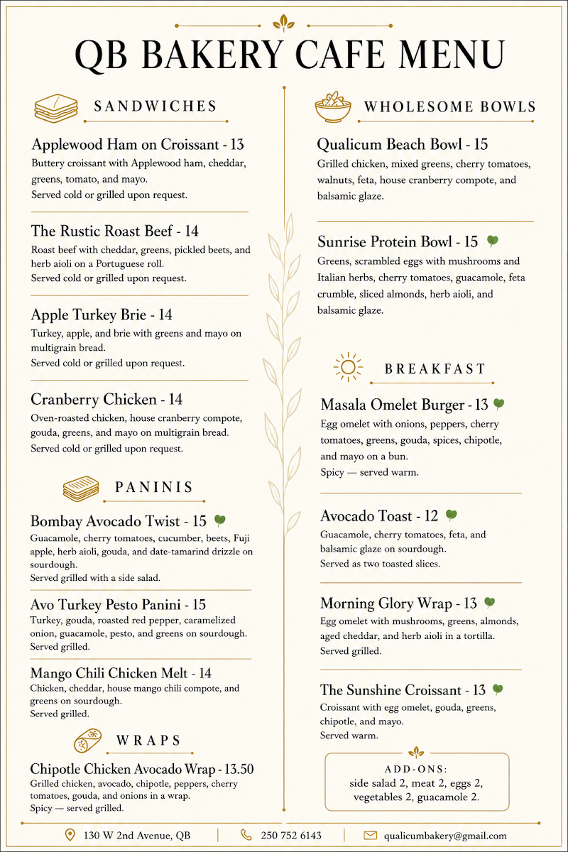 Menu, Qualicum Beach Bakery and Cafe