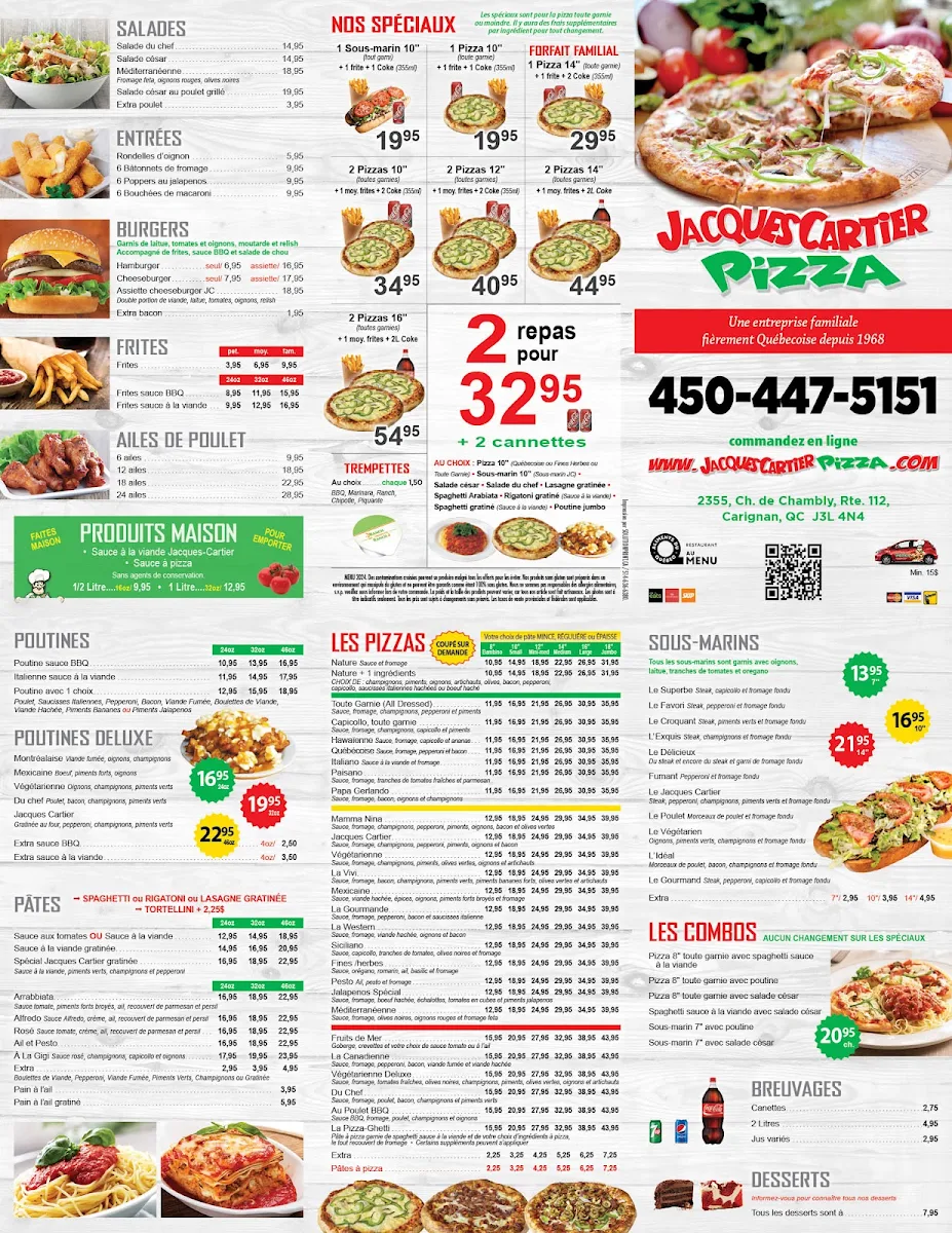 Menu, Jacques Cartier Pizza - Carignan