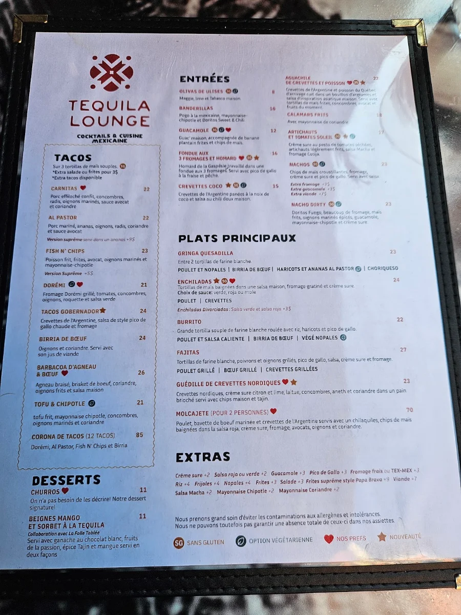 Menu, Tequila Lounge