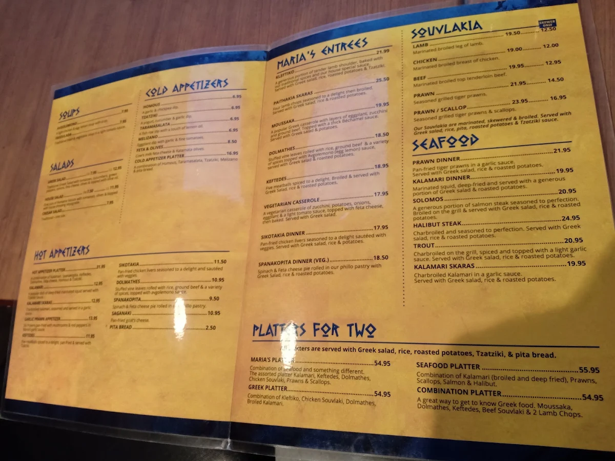 Menu, Maria's Taverna