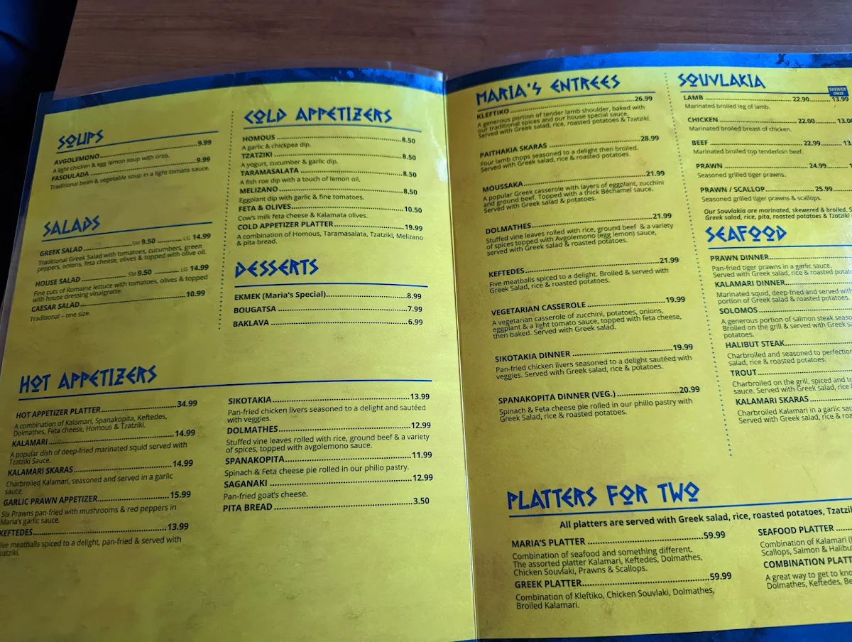 Menu, Maria's Taverna