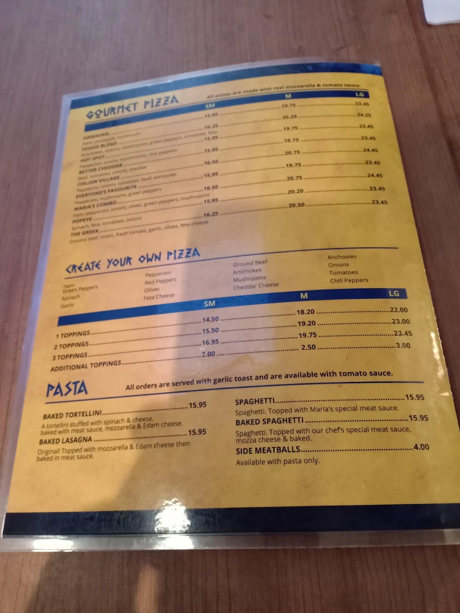 Menu, Maria's Taverna