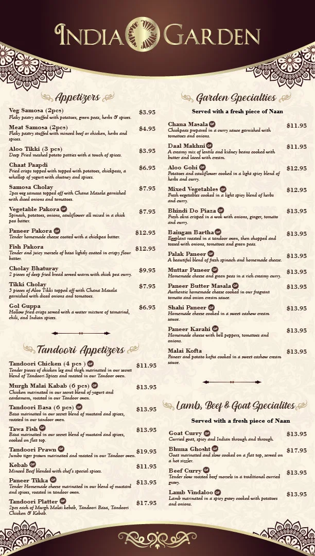 Menu, India Garden Restaurant