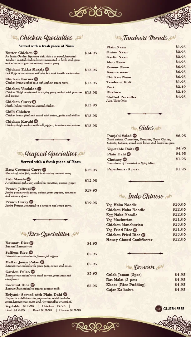 Menu, India Garden Restaurant