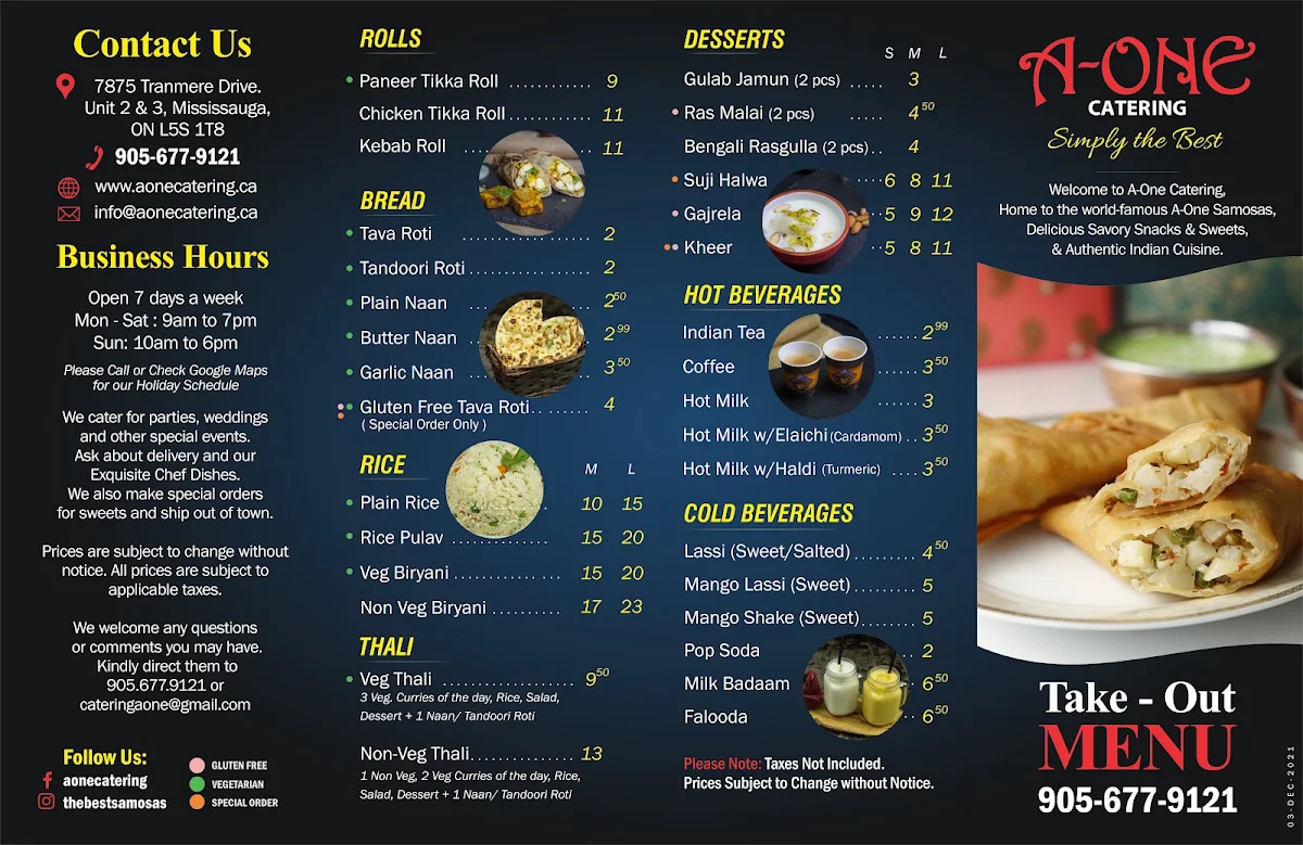 Menu, A-One’s Samosas & Snacks