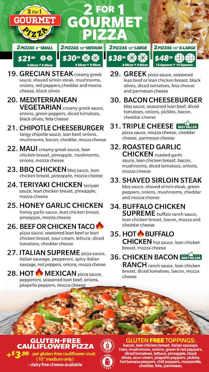 Menu, 2 for 1 Family Pizza - Moose Jaw