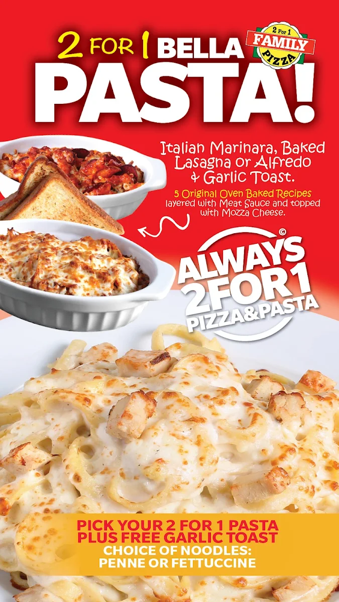 Menu, 2 for 1 Family Pizza - Moose Jaw