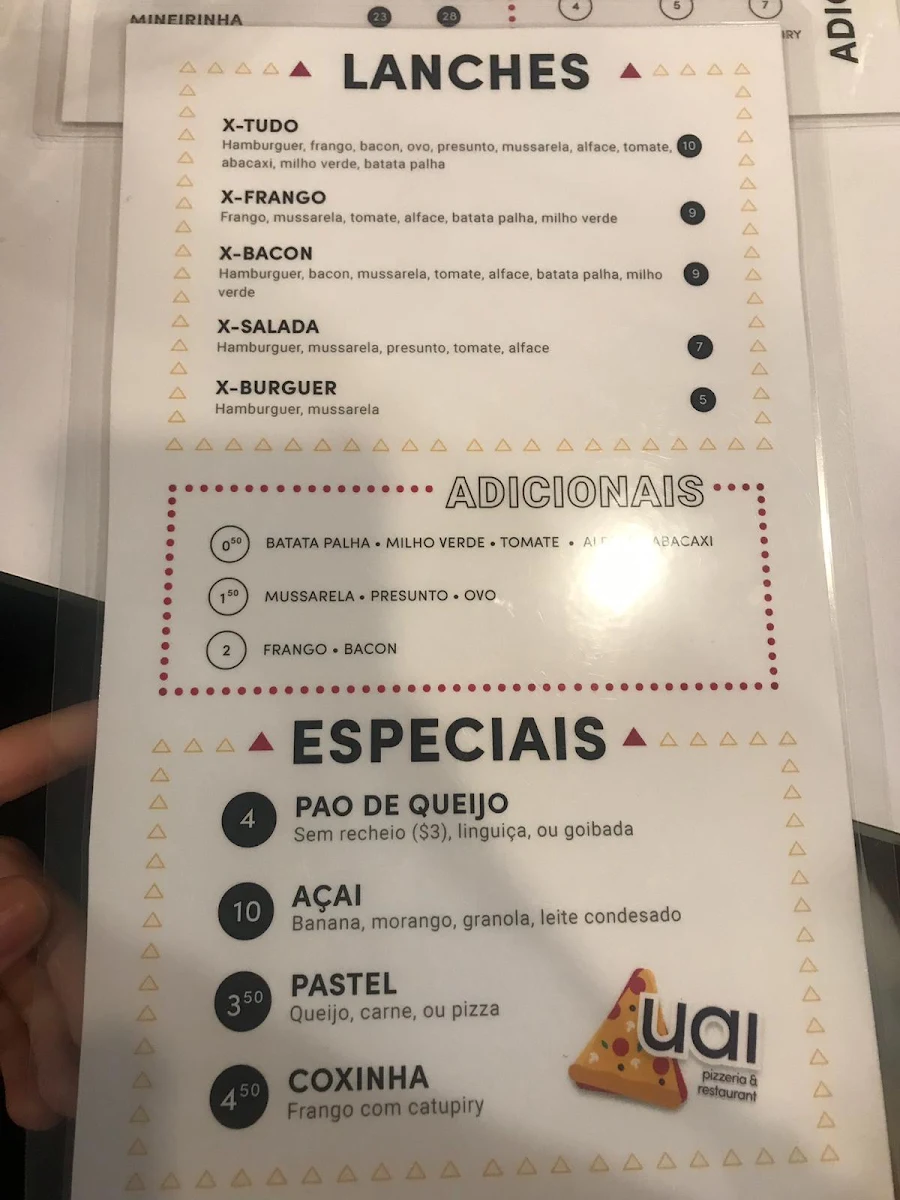 Menu, Uai Pizzeria & Restaurant