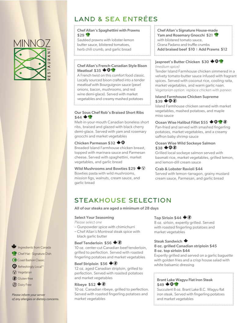 Menu, Minnoz Restaurant & Lounge