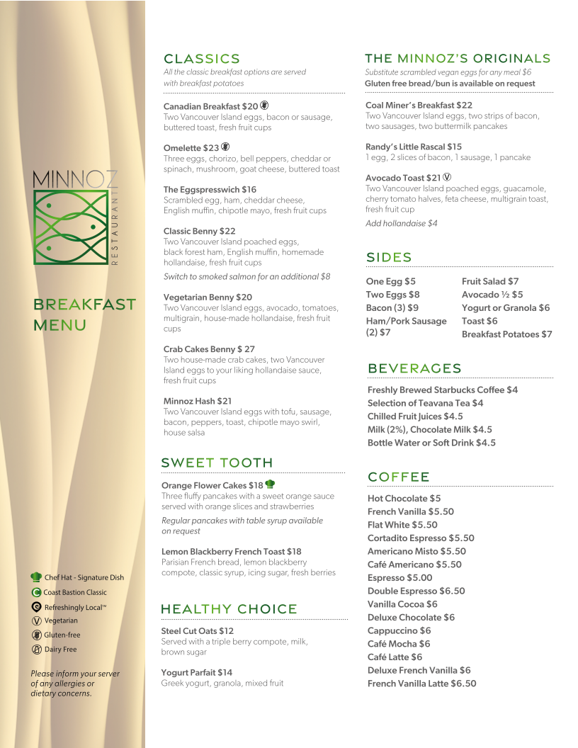 Menu, Minnoz Restaurant & Lounge