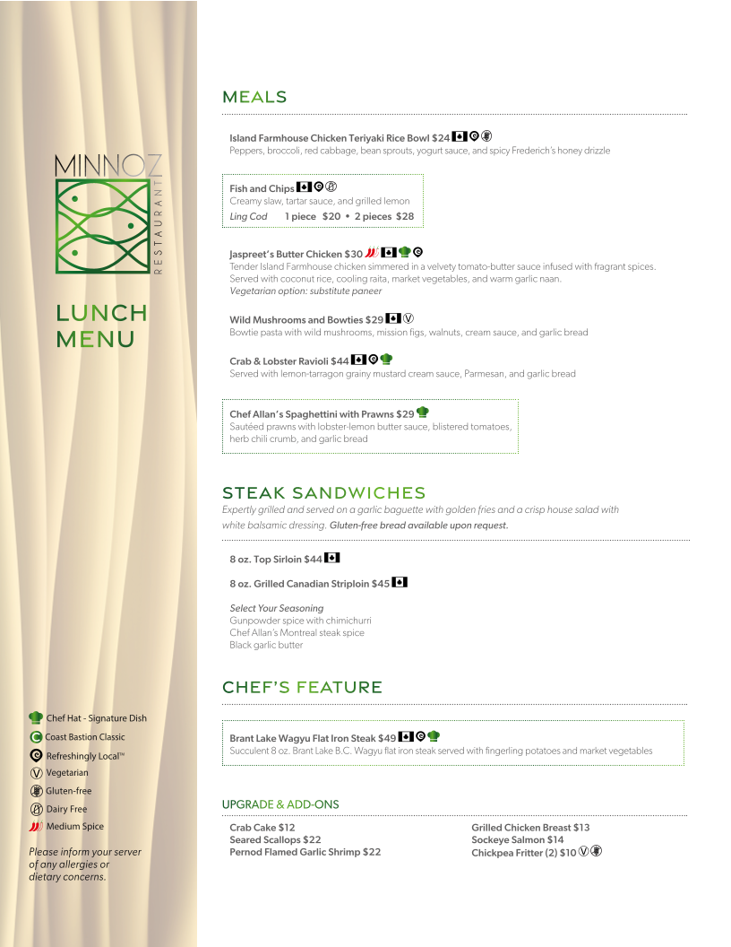 Menu, Minnoz Restaurant & Lounge