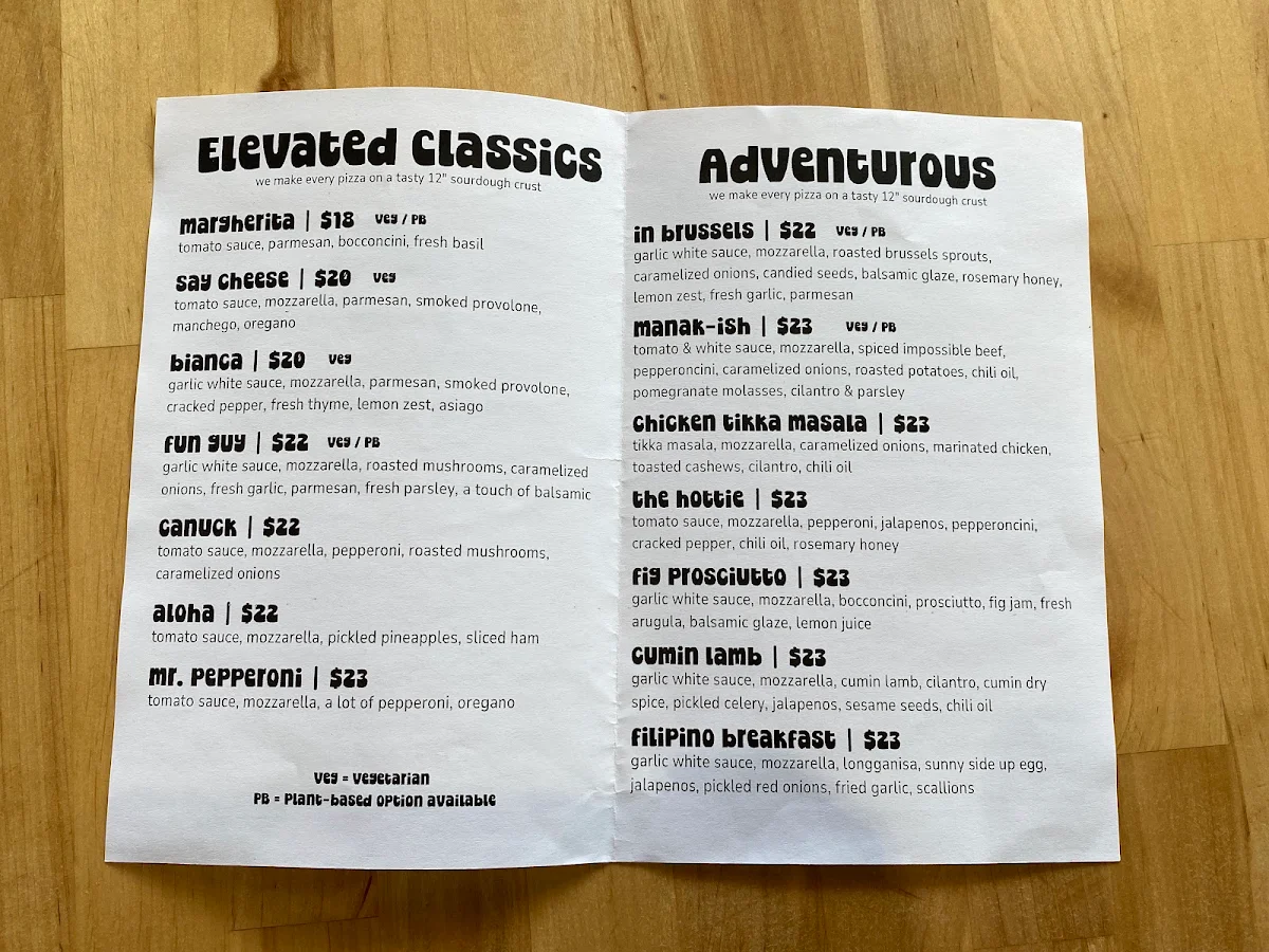 Menu, Just Pizza