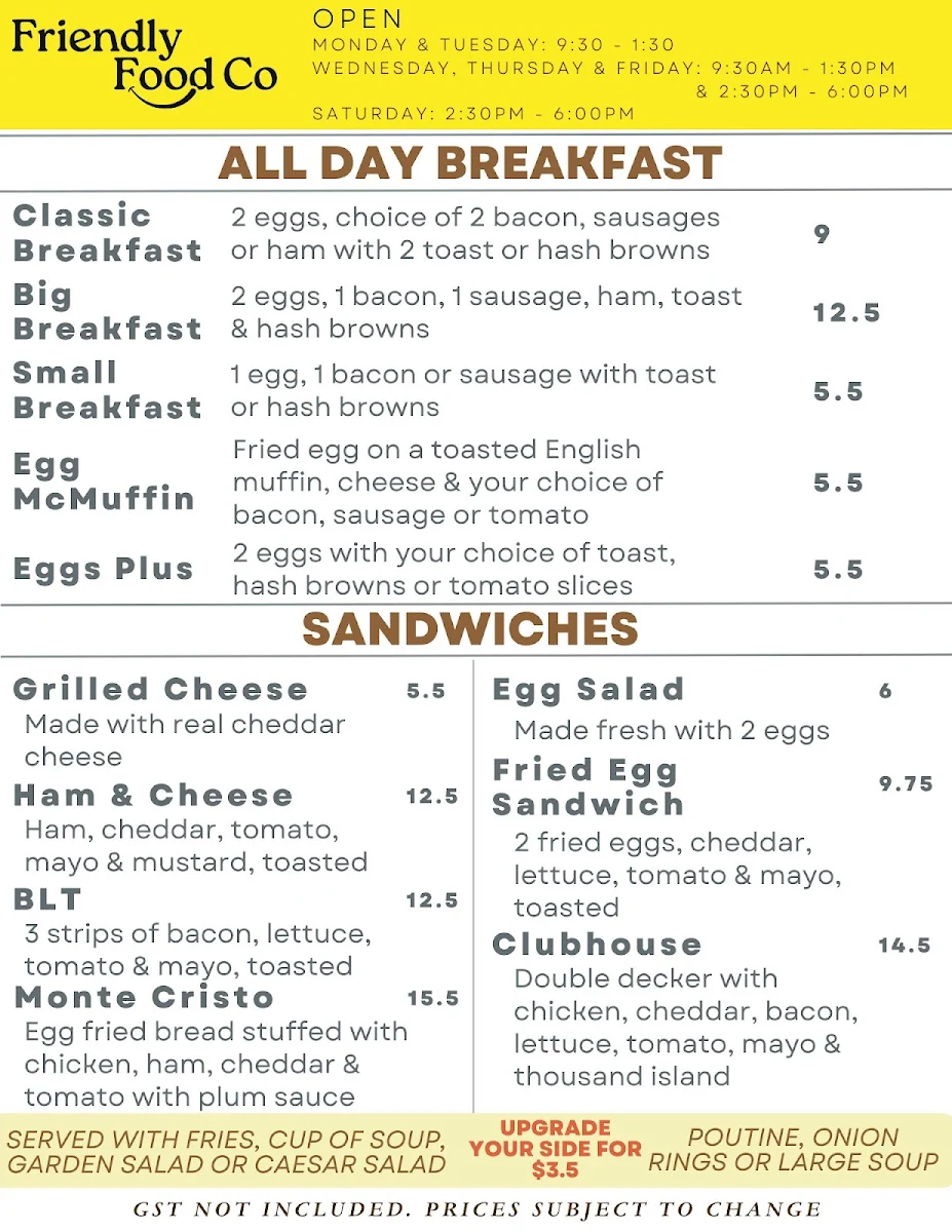 Menu, Friendly Food Co.