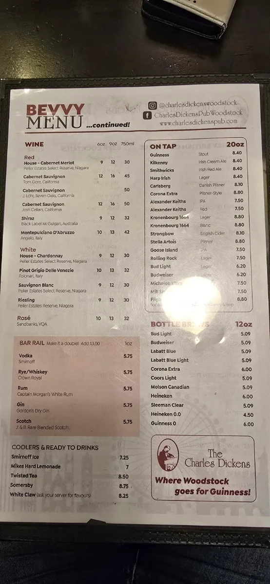 Menu, Charles Dickens Pub