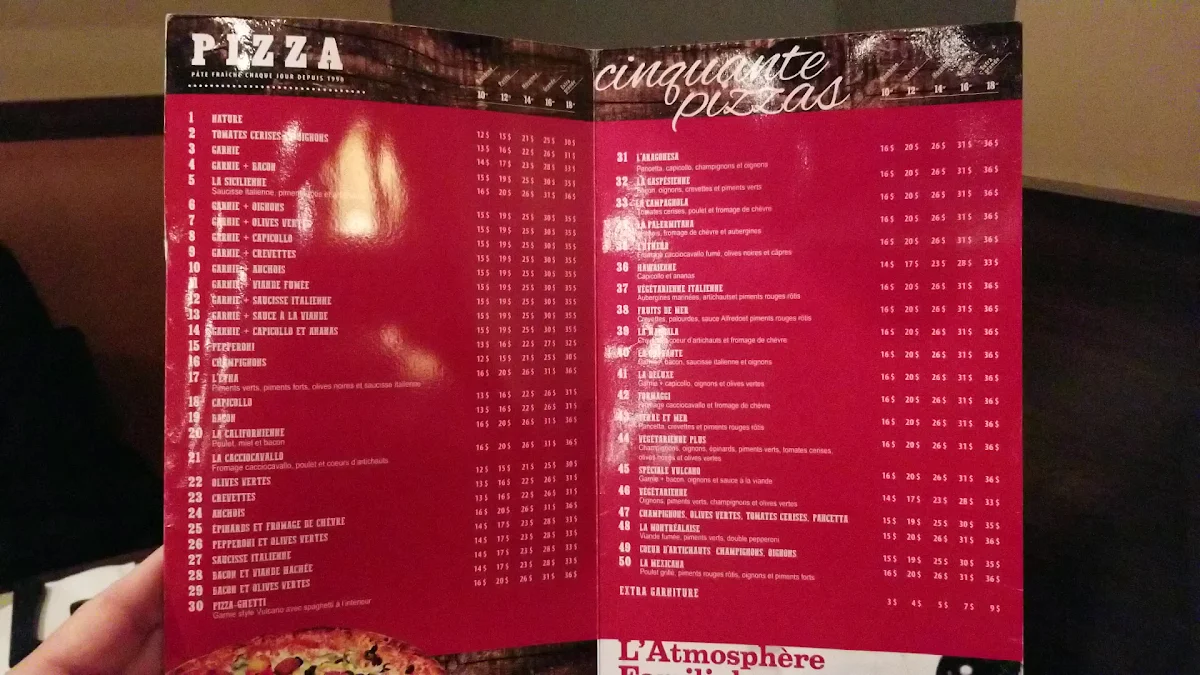 Menu, Restaurant Vulcano